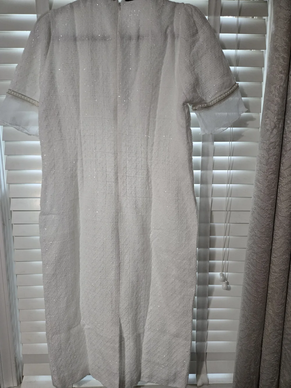 NWOT Elegant White Tweed Midi Dress with Black Ribbon Detail and Pearl Trim - Picture 7 of 7